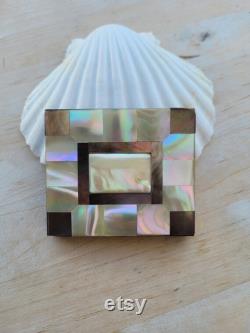 Mother of Pearl and brass compact powder box, antique shell and abalone checkered box, stunning collectible compact box, with mirror