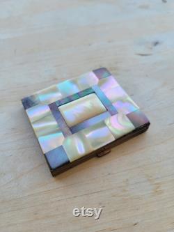 Mother of Pearl and brass compact powder box, antique shell and abalone checkered box, stunning collectible compact box, with mirror