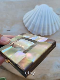 Mother of Pearl and brass compact powder box, antique shell and abalone checkered box, stunning collectible compact box, with mirror