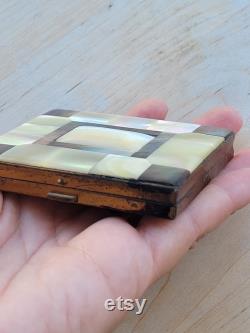 Mother of Pearl and brass compact powder box, antique shell and abalone checkered box, stunning collectible compact box, with mirror