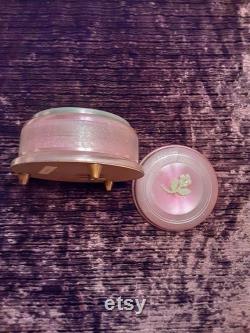 Musical Box Dusting Powder combination. Lavender Pink Aluminum Box. Music plays Tea For Two . No powder puff, could be for trinkets rings