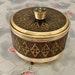 Musical powder bowl with mirror in lid, c1960s to 1970s vintage gold and brown jewellery box
