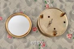 Musical powder bowl with mirror in lid, c1960s to 1970s vintage gold and brown jewellery box