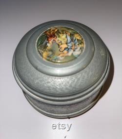 Musical powder cask with painted scene on lid music box 1930s vanity decor