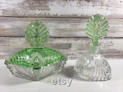 New Martinsville Art Deco Uranium Glass Dresser Vanity Set Perfume Bottle and Trinket or Powder Jar