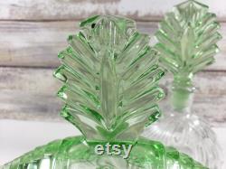New Martinsville Art Deco Uranium Glass Dresser Vanity Set Perfume Bottle and Trinket or Powder Jar