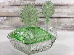 New Martinsville Art Deco Uranium Glass Dresser Vanity Set Perfume Bottle and Trinket or Powder Jar