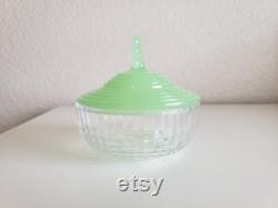 New Martinsville Leota Crescent Jadeite Jadite Vanity Puff Powder Box 1930's Uranium Jade-ite Green Glass Vintage