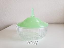 New Martinsville Leota Crescent Jadeite Jadite Vanity Puff Powder Box 1930's Uranium Jade-ite Green Glass Vintage