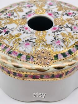 Nippon, Hand Painted Hair Receiver, Floral with Gold Moriage