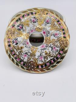 Nippon, Hand Painted Hair Receiver, Floral with Gold Moriage