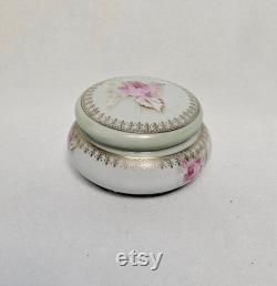 Nippon Hand-Painted Porcelain Green with Rose Pattern Powder Box or Trinket Dish