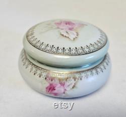 Nippon Hand-Painted Porcelain Green with Rose Pattern Powder Box or Trinket Dish