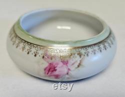 Nippon Hand-Painted Porcelain Green with Rose Pattern Powder Box or Trinket Dish