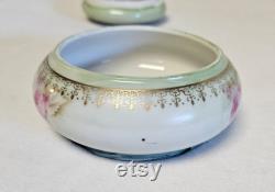 Nippon Hand-Painted Porcelain Green with Rose Pattern Powder Box or Trinket Dish