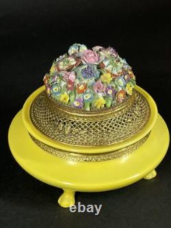 Old German Elfinware Gold Filigree & Flower Yellow Dresser Powder Box