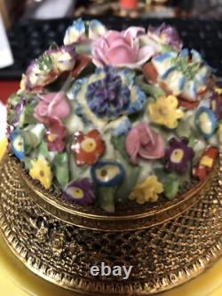 Old German Elfinware Gold Filigree & Flower Yellow Dresser Powder Box