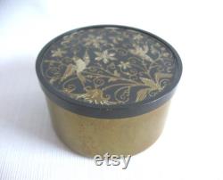 Oneida Brass Powder Tin, Round Box with Resin Inlaid Lid, Bird and Flower Motif, Vintage Dresser Toilet Set, Retro Vanity Pot Made in USA