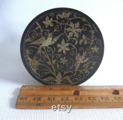 Oneida Brass Powder Tin, Round Box with Resin Inlaid Lid, Bird and Flower Motif, Vintage Dresser Toilet Set, Retro Vanity Pot Made in USA