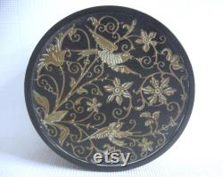 Oneida Brass Powder Tin, Round Box with Resin Inlaid Lid, Bird and Flower Motif, Vintage Dresser Toilet Set, Retro Vanity Pot Made in USA