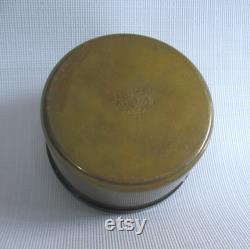 Oneida Brass Powder Tin, Round Box with Resin Inlaid Lid, Bird and Flower Motif, Vintage Dresser Toilet Set, Retro Vanity Pot Made in USA