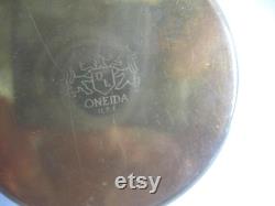 Oneida Brass Powder Tin, Round Box with Resin Inlaid Lid, Bird and Flower Motif, Vintage Dresser Toilet Set, Retro Vanity Pot Made in USA