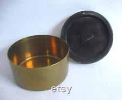 Oneida Brass Powder Tin, Round Box with Resin Inlaid Lid, Bird and Flower Motif, Vintage Dresser Toilet Set, Retro Vanity Pot Made in USA