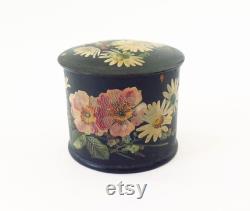 Original Antique Victorian 1900s Papier-mâché Hand Painter Floral Powder Puff Box Pot