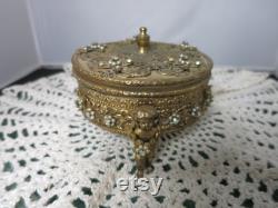 Original by Robert Cherub Footed Powder Box Gilt Jeweled with Faux Pearls and Foil Backed Rhinestones