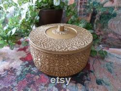 Ornate Gold Plastic Large Vanity Round Box Footed and Lidded