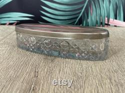 Oval glass trinket with silver coloured lid dressing table decor