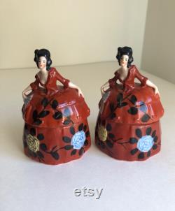 Pair of Antique German Porcelain Figural Art Deco Lady Powder Dresser Trinket Vanity Jars