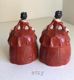 Pair of Antique German Porcelain Figural Art Deco Lady Powder Dresser Trinket Vanity Jars