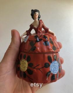 Pair of Antique German Porcelain Figural Art Deco Lady Powder Dresser Trinket Vanity Jars