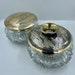 Pair of Antique Pressed Pattern Triangle Fan Glass Vanity Jars with Metal Covers Powder Jar and Hair Receiver