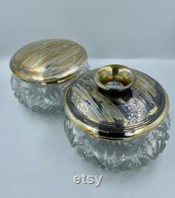 Pair of Antique Pressed Pattern Triangle Fan Glass Vanity Jars with Metal Covers Powder Jar and Hair Receiver