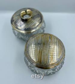 Pair of Antique Pressed Pattern Triangle Fan Glass Vanity Jars with Metal Covers Powder Jar and Hair Receiver