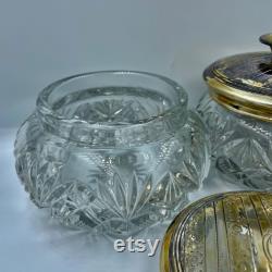 Pair of Antique Pressed Pattern Triangle Fan Glass Vanity Jars with Metal Covers Powder Jar and Hair Receiver