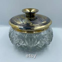 Pair of Antique Pressed Pattern Triangle Fan Glass Vanity Jars with Metal Covers Powder Jar and Hair Receiver