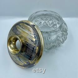 Pair of Antique Pressed Pattern Triangle Fan Glass Vanity Jars with Metal Covers Powder Jar and Hair Receiver