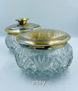 Pair of Antique Pressed Pattern Triangle Fan Glass Vanity Jars with Metal Covers Powder Jar and Hair Receiver