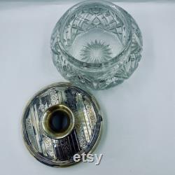 Pair of Antique Pressed Pattern Triangle Fan Glass Vanity Jars with Metal Covers Powder Jar and Hair Receiver