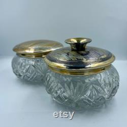 Pair of Antique Pressed Pattern Triangle Fan Glass Vanity Jars with Metal Covers Powder Jar and Hair Receiver