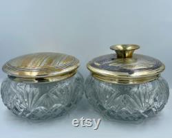 Pair of Antique Pressed Pattern Triangle Fan Glass Vanity Jars with Metal Covers Powder Jar and Hair Receiver