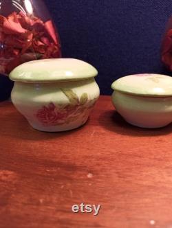 Pair of Limoges Powder Jars Trinket Jars. Pink flowers.