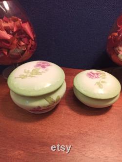 Pair of Limoges Powder Jars Trinket Jars. Pink flowers.