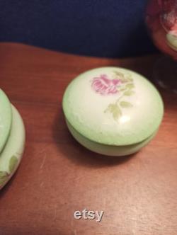 Pair of Limoges Powder Jars Trinket Jars. Pink flowers.