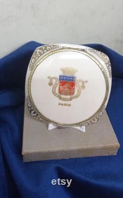 Paris, France Compact Mirror and Powder. Coat of Arms Motif c1950's Presented in a gift box. Celluloid.