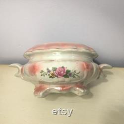 Pearl Lustre Dresser Jar Pink and White Footed Bowl Embossed Floral Lid Footed Trinket Box Pink Rose Iridescent Victorian Design Vintage