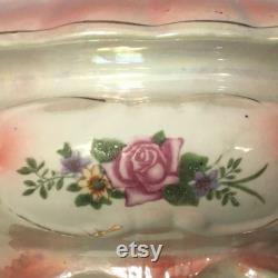 Pearl Lustre Dresser Jar Pink and White Footed Bowl Embossed Floral Lid Footed Trinket Box Pink Rose Iridescent Victorian Design Vintage